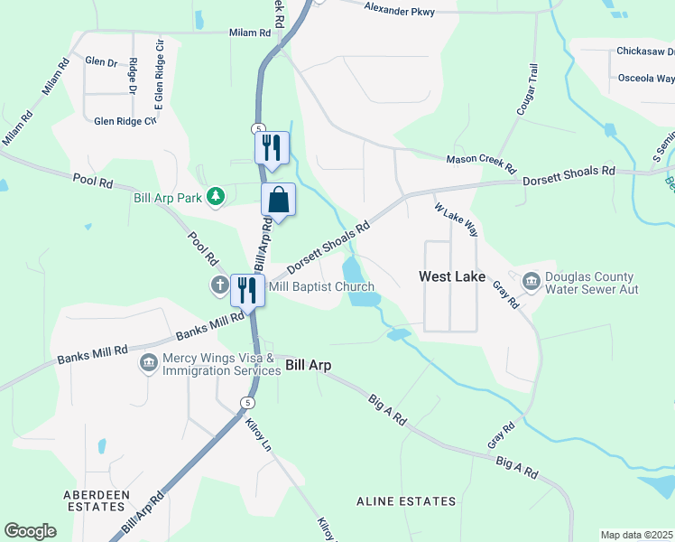 map of restaurants, bars, coffee shops, grocery stores, and more near 4938 Cedar Lake Terrace in Douglasville