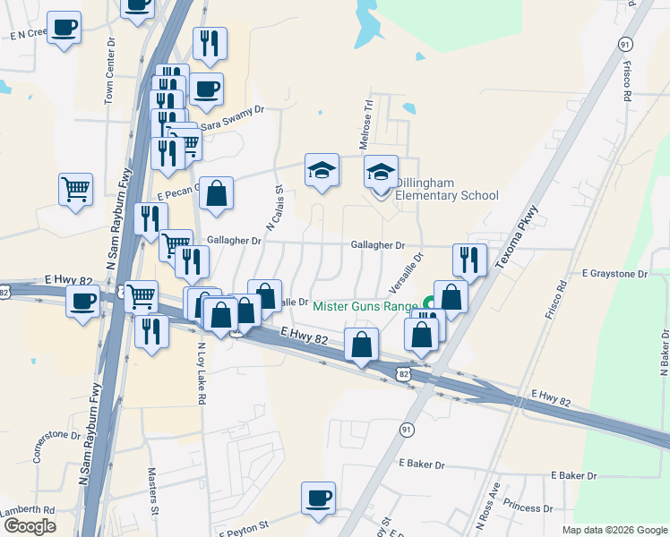 map of restaurants, bars, coffee shops, grocery stores, and more near 3210 Marseille Street in Sherman