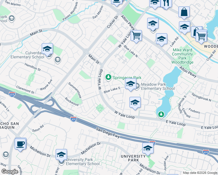 map of restaurants, bars, coffee shops, grocery stores, and more near 38 Springacre in Irvine