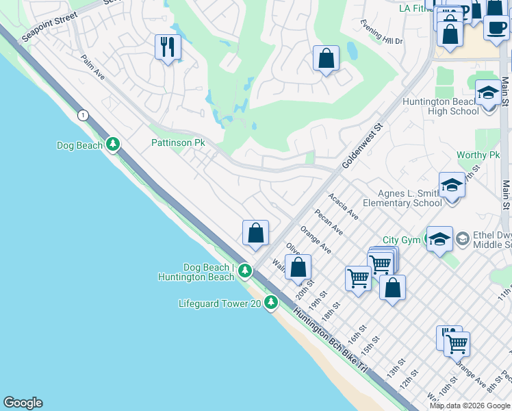 map of restaurants, bars, coffee shops, grocery stores, and more near 6552 Feather Drive in Huntington Beach