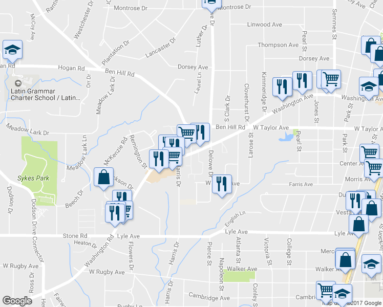 map of restaurants, bars, coffee shops, grocery stores, and more near Washington Rd & Dobbs Way in East Point