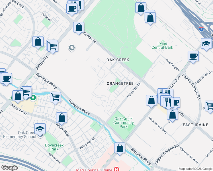 map of restaurants, bars, coffee shops, grocery stores, and more near 89 Lemon Grove in Irvine