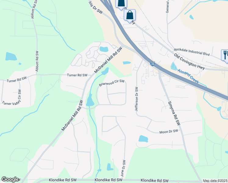 map of restaurants, bars, coffee shops, grocery stores, and more near 2275 Briarwood Drive Southwest in Conyers