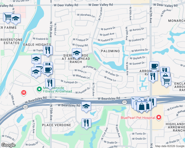map of restaurants, bars, coffee shops, grocery stores, and more near 7156 West Irma Lane in Glendale