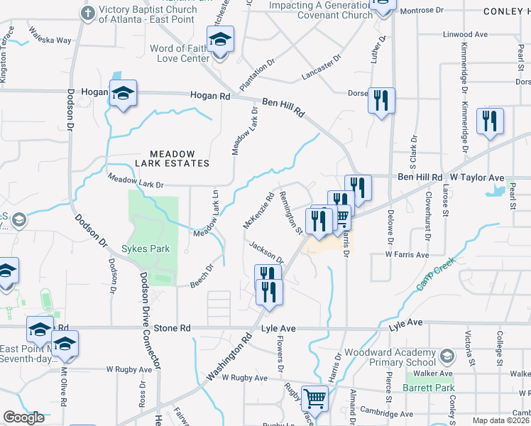 map of restaurants, bars, coffee shops, grocery stores, and more near 3052 McKenzie Road in East Point