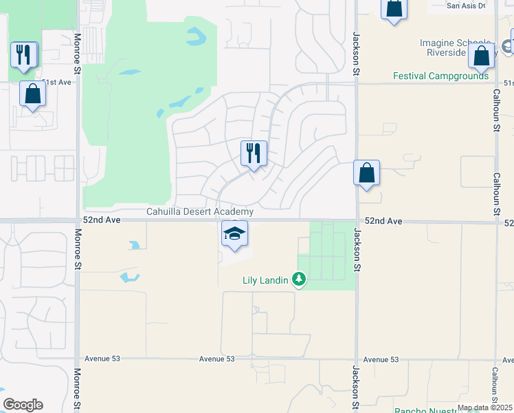 map of restaurants, bars, coffee shops, grocery stores, and more near 82647 Rosewood Drive in Indio