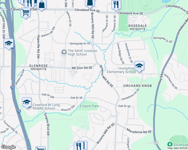 map of restaurants, bars, coffee shops, grocery stores, and more near 3033 Embry Way Southeast in Atlanta