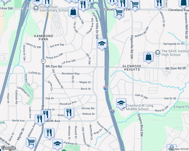 map of restaurants, bars, coffee shops, grocery stores, and more near 214 Moreland Way in Atlanta