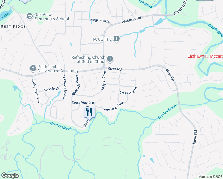 map of restaurants, bars, coffee shops, grocery stores, and more near 3853 Cress Way Drive in Decatur