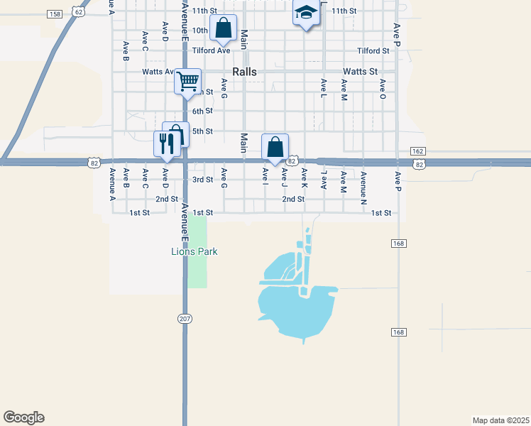 map of restaurants, bars, coffee shops, grocery stores, and more near 1st Street in Ralls