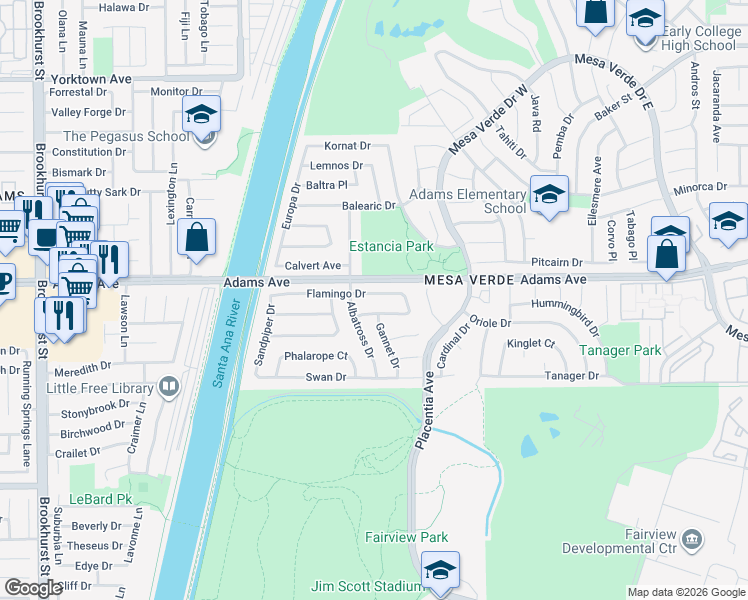 map of restaurants, bars, coffee shops, grocery stores, and more near 1962 Flamingo Drive in Costa Mesa