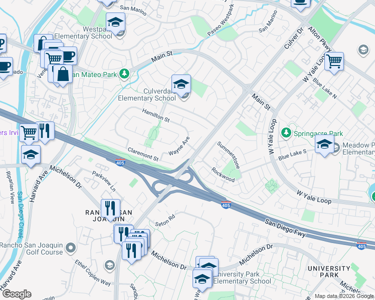 map of restaurants, bars, coffee shops, grocery stores, and more near 17522 Wayne Avenue in Irvine