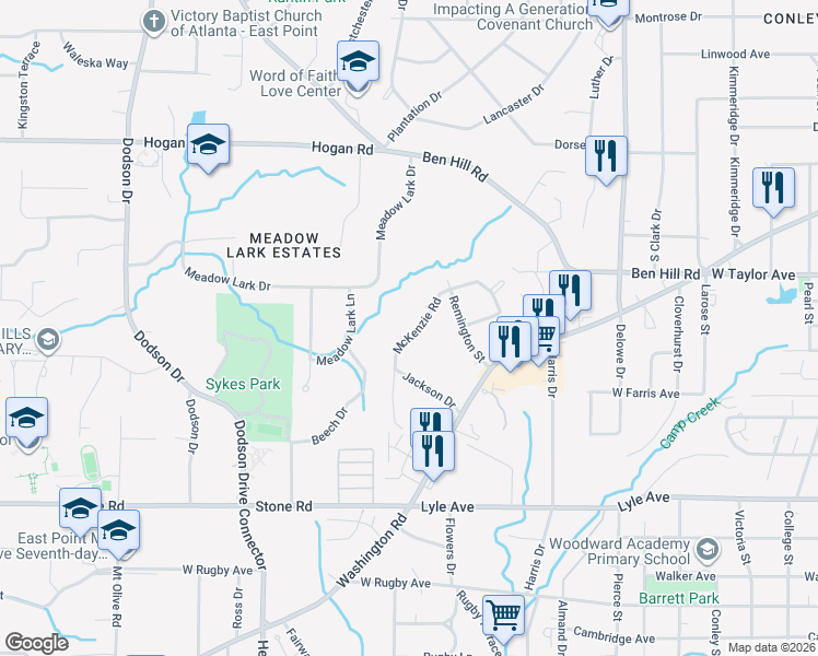 map of restaurants, bars, coffee shops, grocery stores, and more near 3053 McKenzie Road in East Point