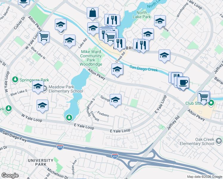 map of restaurants, bars, coffee shops, grocery stores, and more near 103 Goldenrod in Irvine
