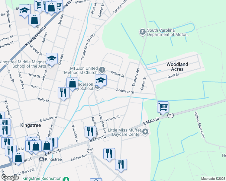 map of restaurants, bars, coffee shops, grocery stores, and more near 715 Anderson Street in Kingstree
