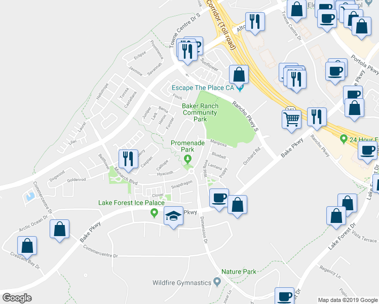 map of restaurants, bars, coffee shops, grocery stores, and more near 27 Sorrel in Lake Forest