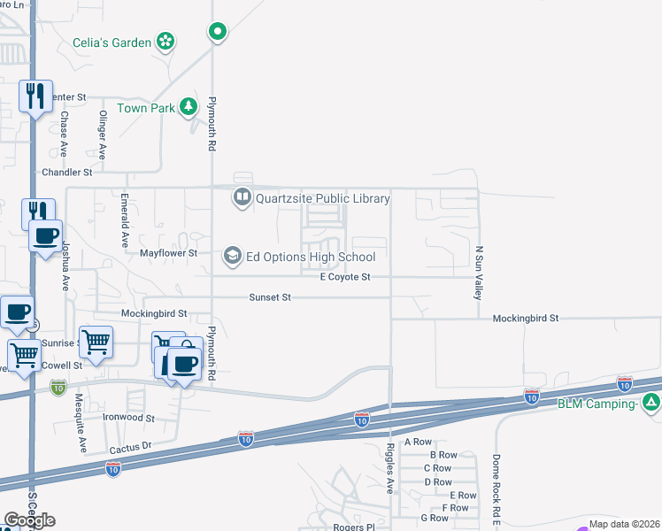 map of restaurants, bars, coffee shops, grocery stores, and more near E Coyote St in Quartzsite