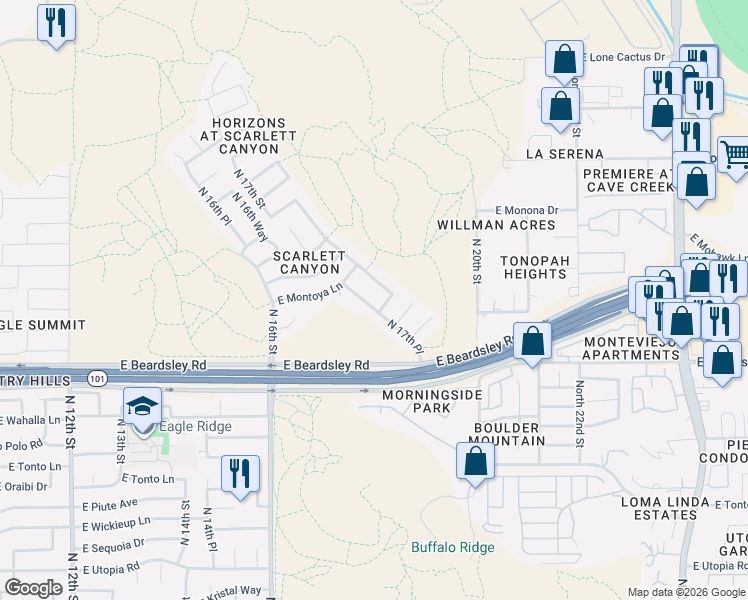 map of restaurants, bars, coffee shops, grocery stores, and more near 20414 North 17th Way in Phoenix