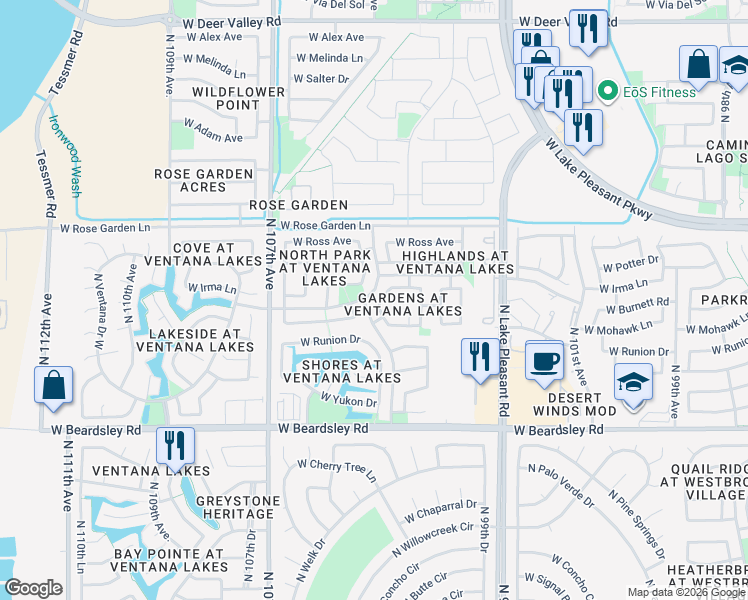 map of restaurants, bars, coffee shops, grocery stores, and more near 20634 North 104th Avenue in Peoria