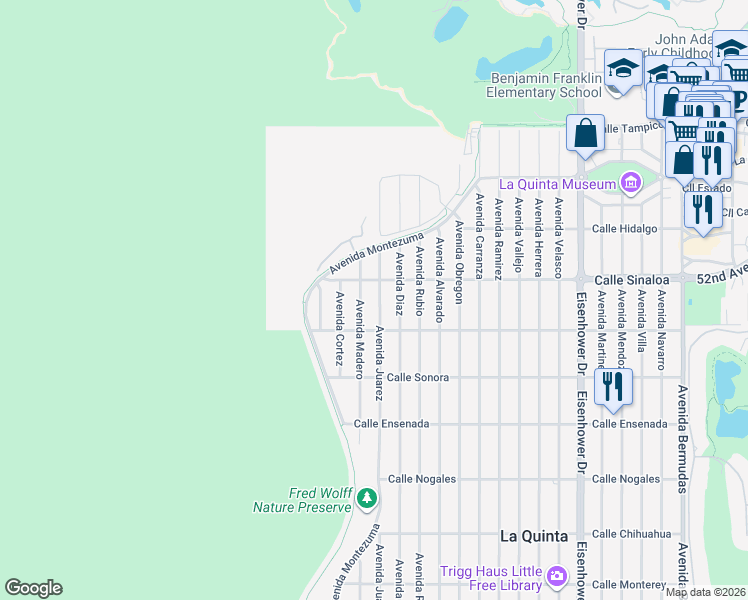 map of restaurants, bars, coffee shops, grocery stores, and more near 51855 Avenida Juarez in La Quinta
