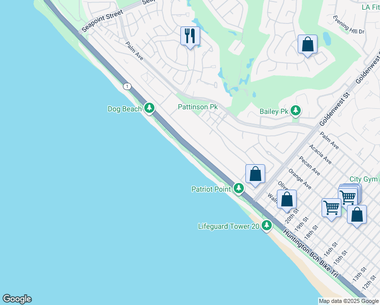 map of restaurants, bars, coffee shops, grocery stores, and more near Huntington Beach Bike Trail in Huntington Beach