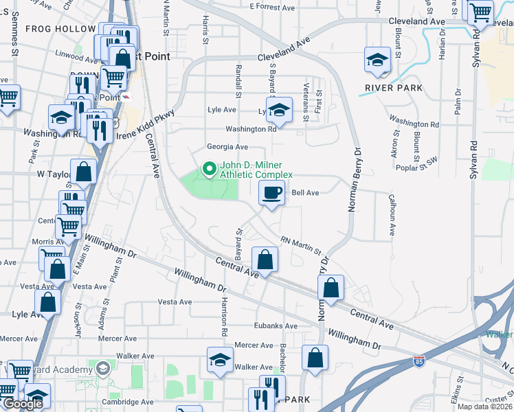 map of restaurants, bars, coffee shops, grocery stores, and more near 3049 Bayard Street in East Point