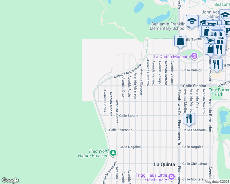 map of restaurants, bars, coffee shops, grocery stores, and more near 51815 Avenue Madero in La Quinta