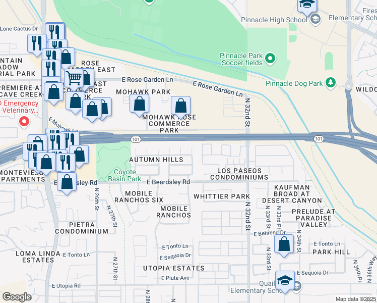 map of restaurants, bars, coffee shops, grocery stores, and more near 20410 North 30th Street in Phoenix