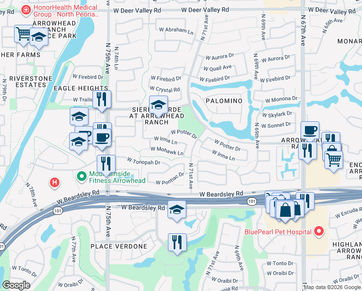 map of restaurants, bars, coffee shops, grocery stores, and more near 7156 West Irma Lane in Glendale
