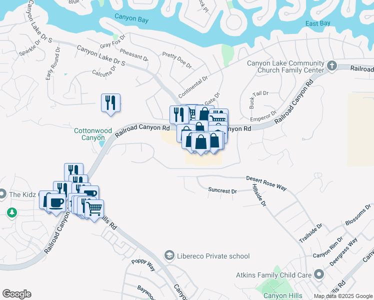 map of restaurants, bars, coffee shops, grocery stores, and more near 31716 Railroad Canyon Road in Canyon Lake