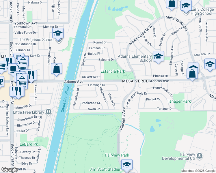 map of restaurants, bars, coffee shops, grocery stores, and more near 1962 Flamingo Drive in Costa Mesa