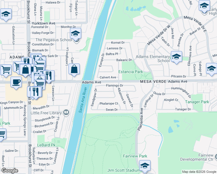 map of restaurants, bars, coffee shops, grocery stores, and more near 2036 Flamingo Drive in Costa Mesa