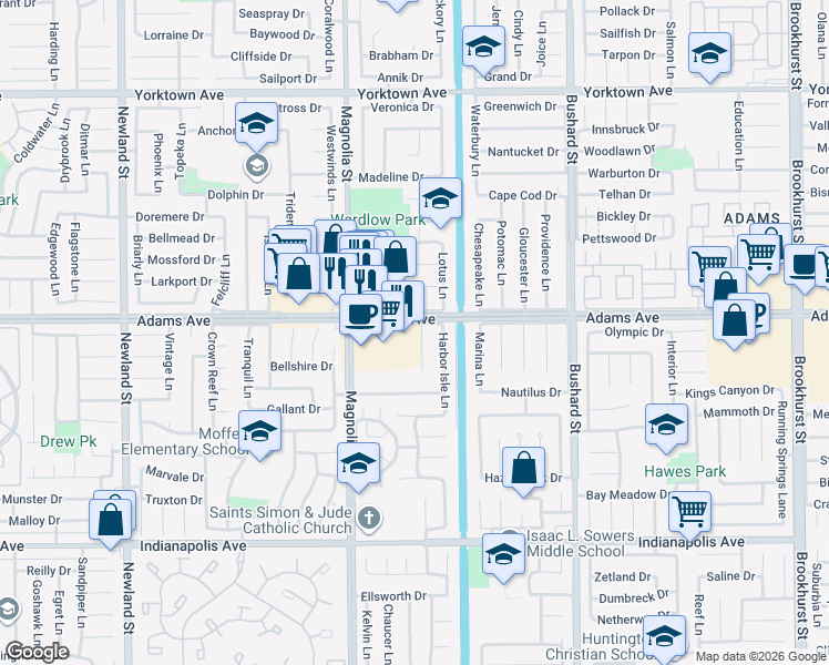 map of restaurants, bars, coffee shops, grocery stores, and more near 9122 Adams Avenue in Huntington Beach