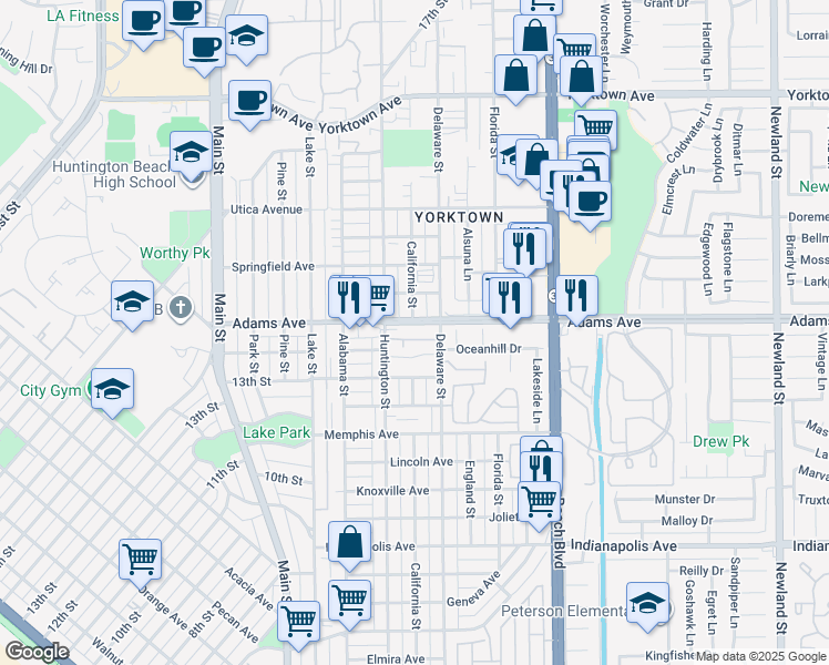 map of restaurants, bars, coffee shops, grocery stores, and more near 315 Coral Reef Drive in Huntington Beach