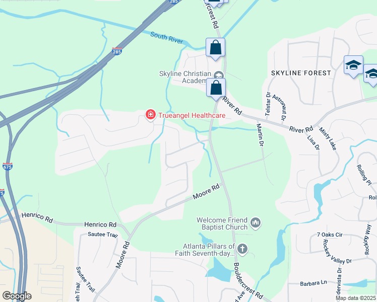 map of restaurants, bars, coffee shops, grocery stores, and more near 2183 Boulder Forest Drive in Ellenwood
