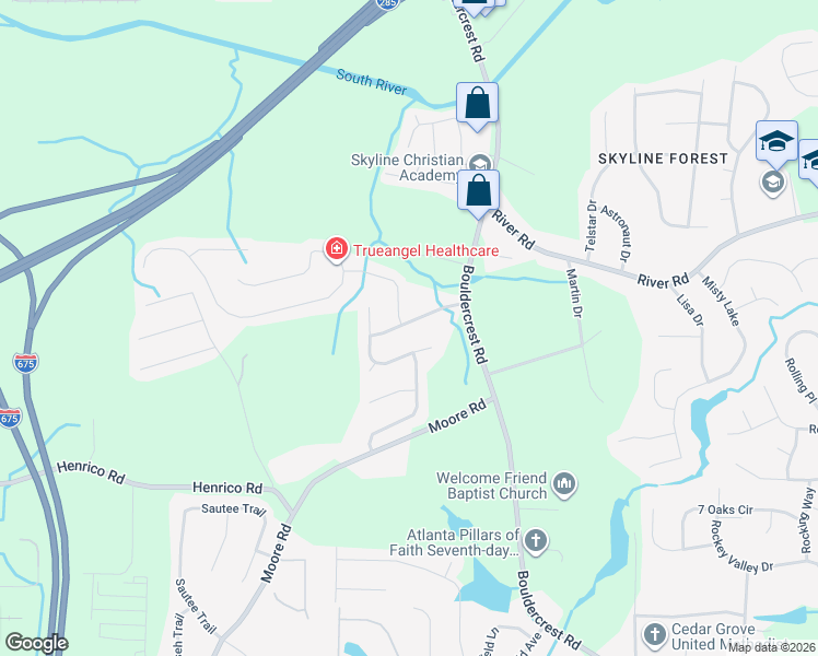 map of restaurants, bars, coffee shops, grocery stores, and more near 2183 Boulder Forest Drive in Ellenwood