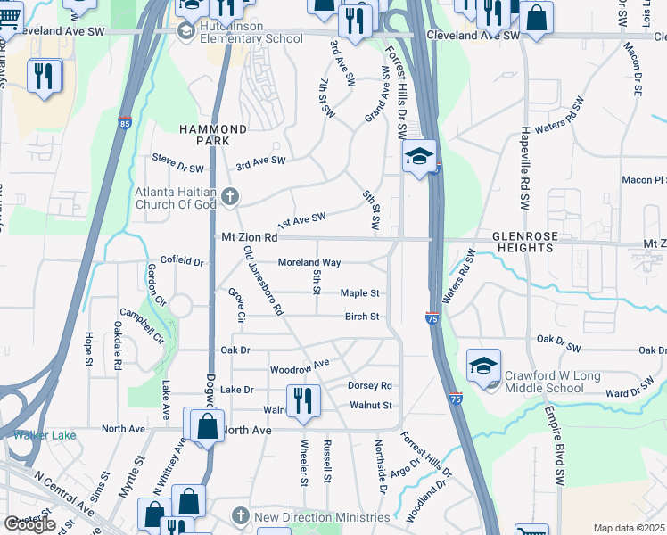 map of restaurants, bars, coffee shops, grocery stores, and more near 264 Moreland Way in Atlanta
