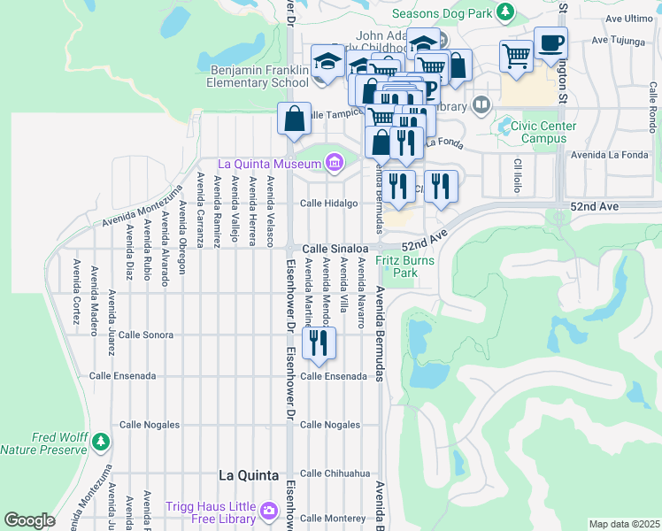 map of restaurants, bars, coffee shops, grocery stores, and more near 51864 Avenue Mendoza in La Quinta