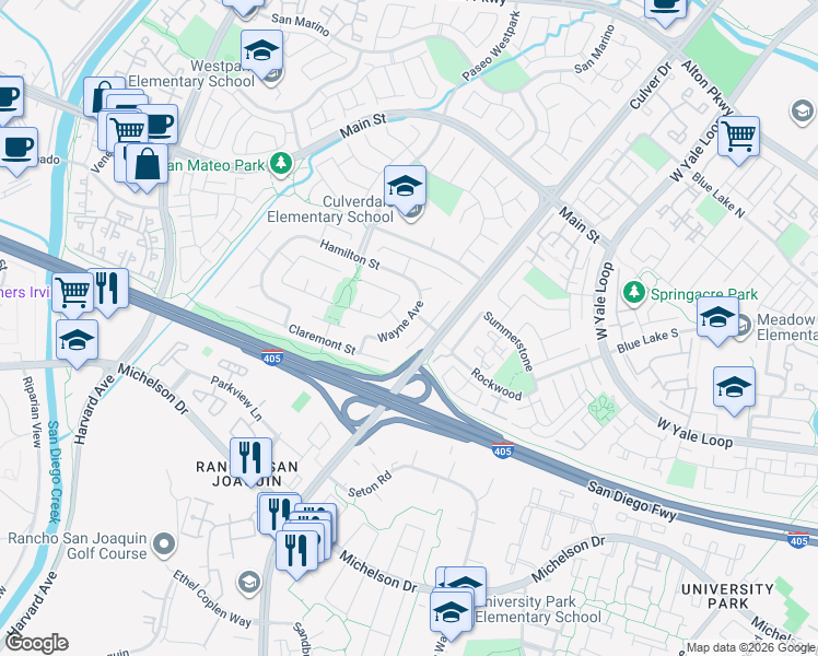 map of restaurants, bars, coffee shops, grocery stores, and more near 17522 Wayne Avenue in Irvine