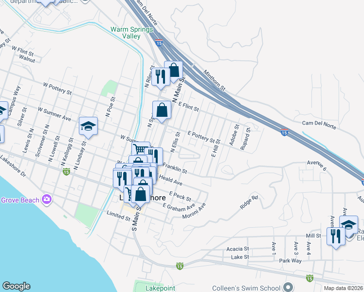 map of restaurants, bars, coffee shops, grocery stores, and more near 54 East Sumner Avenue in Lake Elsinore