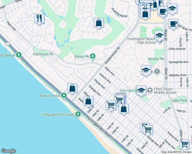 map of restaurants, bars, coffee shops, grocery stores, and more near 508 Goldenwest Street in Huntington Beach