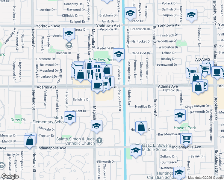map of restaurants, bars, coffee shops, grocery stores, and more near 9122 Adams Avenue in Huntington Beach