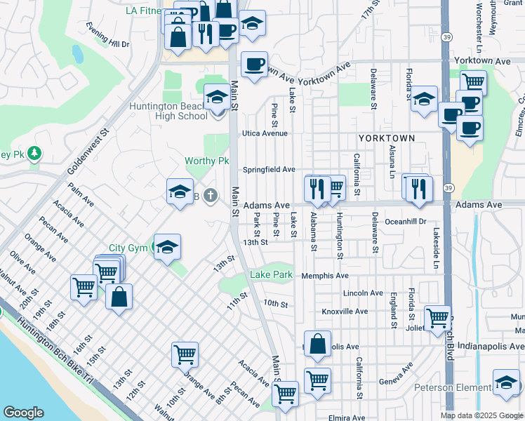 map of restaurants, bars, coffee shops, grocery stores, and more near 118 Adams Avenue in Huntington Beach