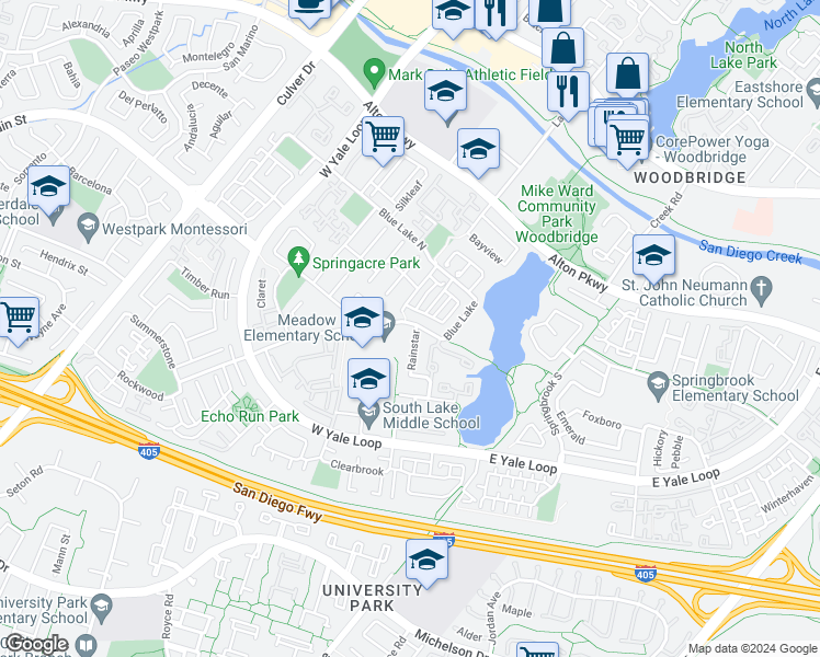 map of restaurants, bars, coffee shops, grocery stores, and more near 29 Whispering Wind in Irvine