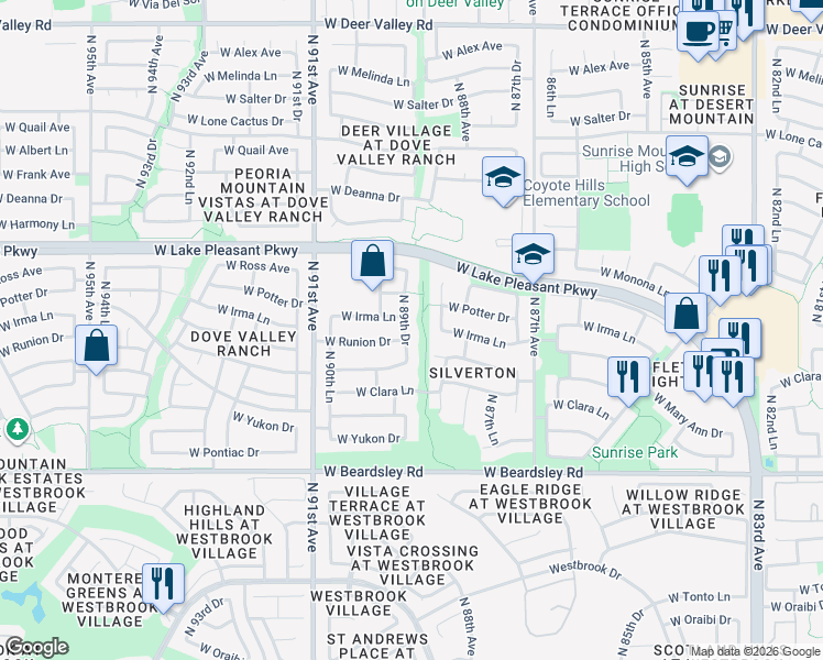 map of restaurants, bars, coffee shops, grocery stores, and more near 20587 North 89th Drive in Peoria