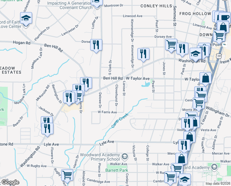 map of restaurants, bars, coffee shops, grocery stores, and more near 3067 Cloverhurst Drive in East Point