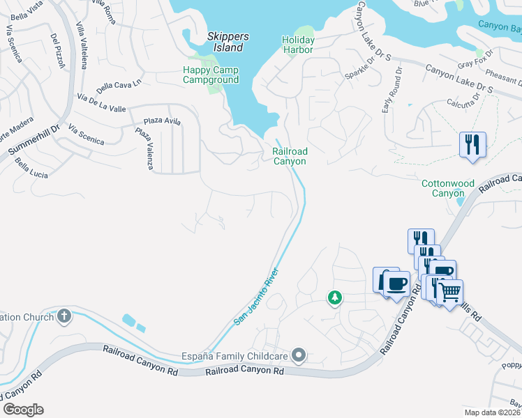 map of restaurants, bars, coffee shops, grocery stores, and more near Strickland Avenue in Lake Elsinore
