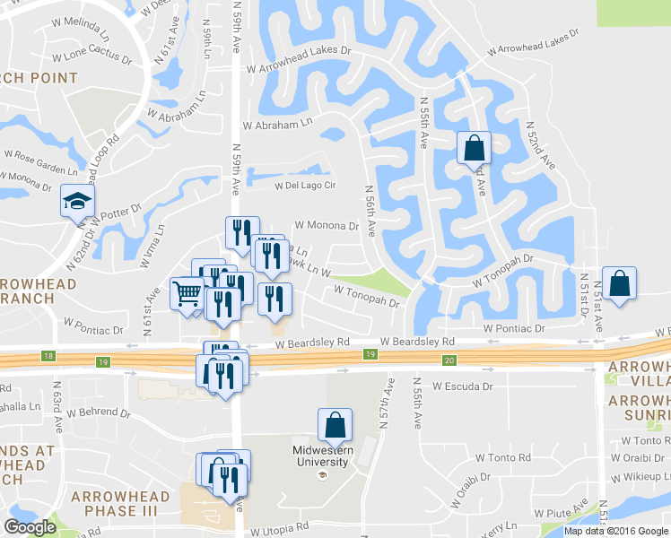 map of restaurants, bars, coffee shops, grocery stores, and more near 5683 West Irma Lane in Glendale