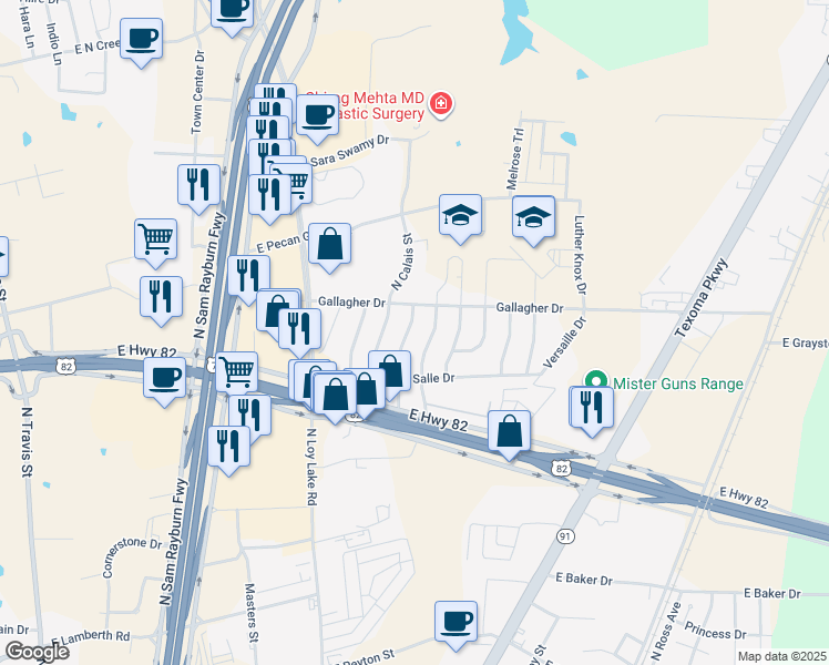 map of restaurants, bars, coffee shops, grocery stores, and more near 3209 North Calais Street in Sherman