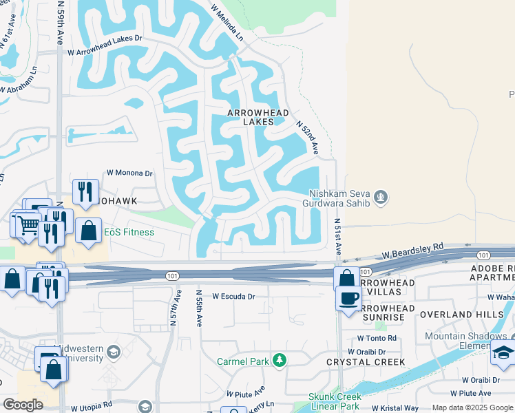 map of restaurants, bars, coffee shops, grocery stores, and more near 5322 West Tonopah Drive in Glendale